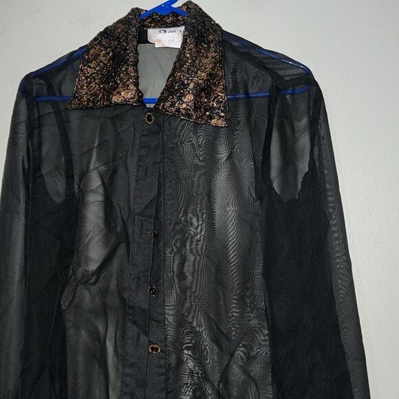 Ribkoff Trends VTG Sheer Black Blouse Button Front Ruched Trim Collared Cuffed - Picture 6 of 8